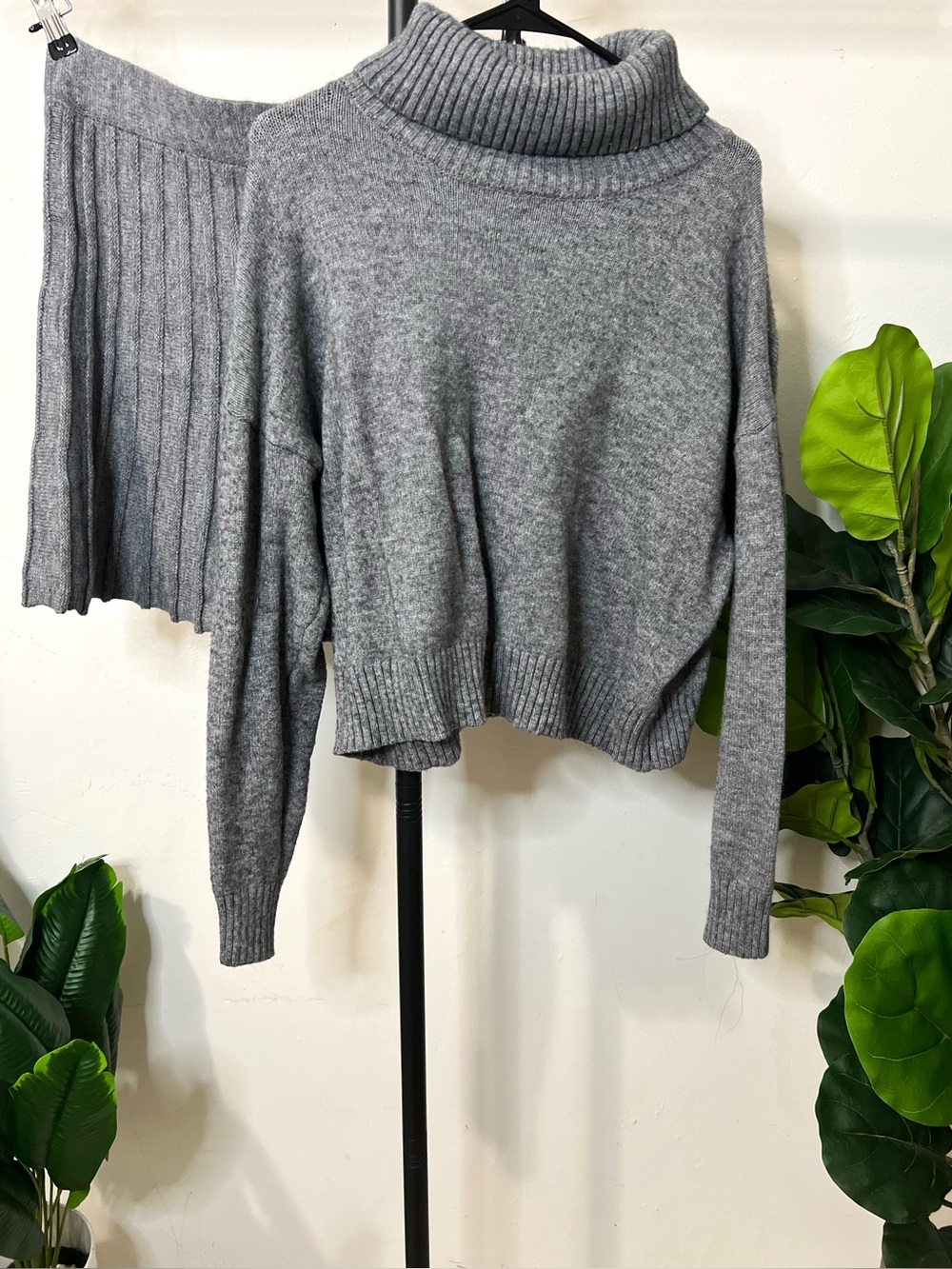 Gray 1XL 2 Piece Turtleneck Sweater Pleated Knit Mini Skirt Set By Fashion Nova